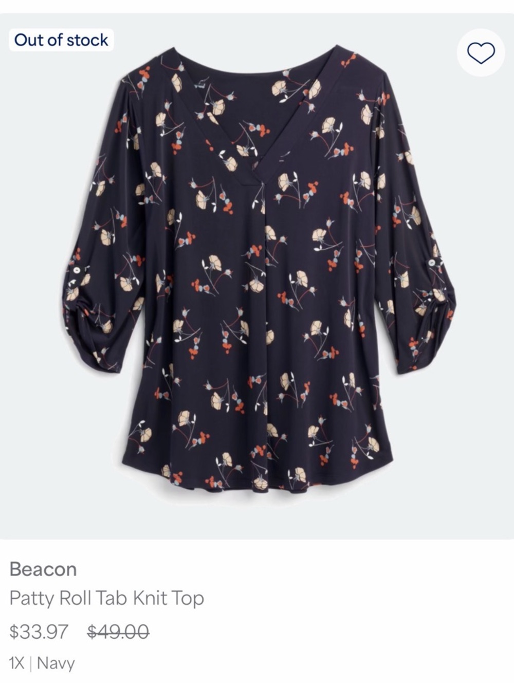 Beacon Navy Floral V-Neck Roll-Sleeve Knit Top